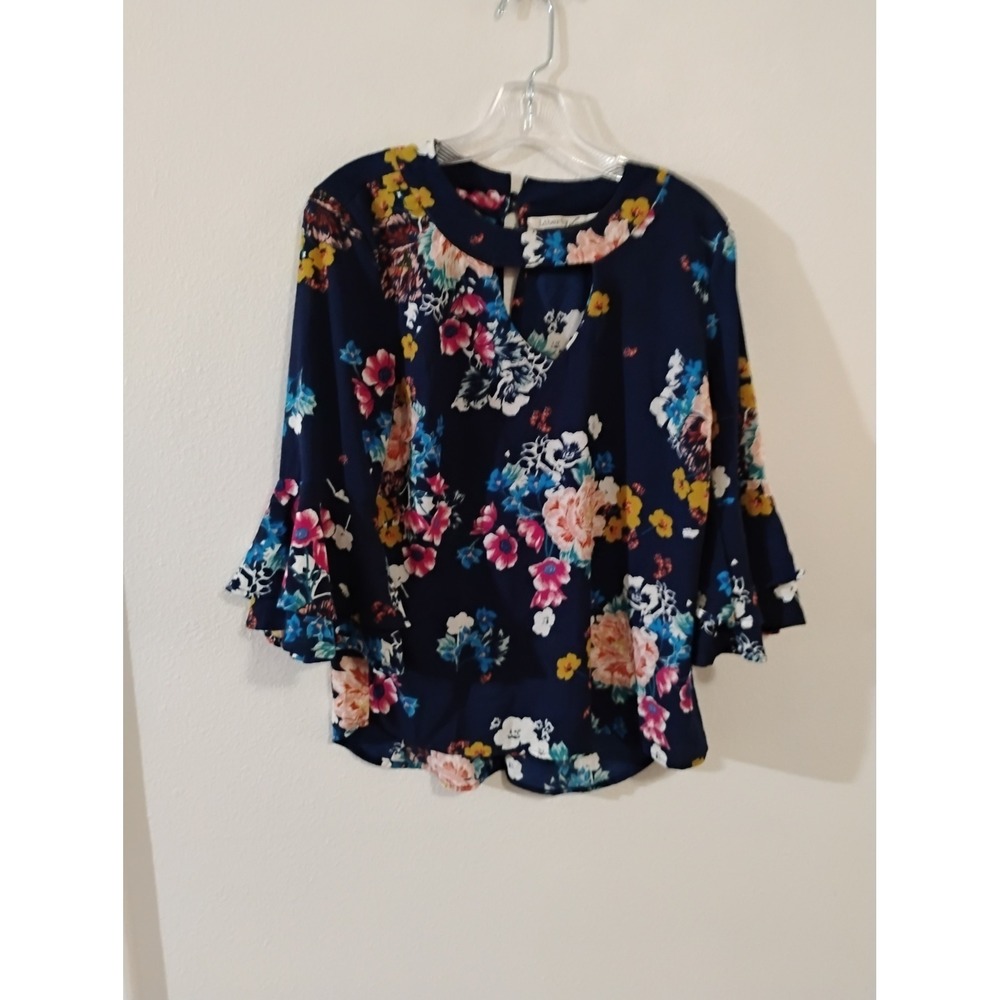 Liberty Love Navy Blue Floral Keyhole Bell Sleeve Blouse Medium